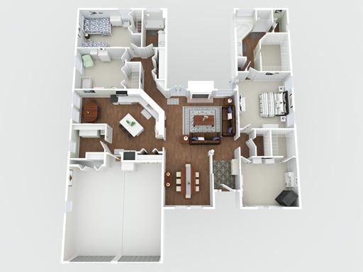 3D floor plan of a residential property showing room layout and furnishings, created for real estate listing marketing.