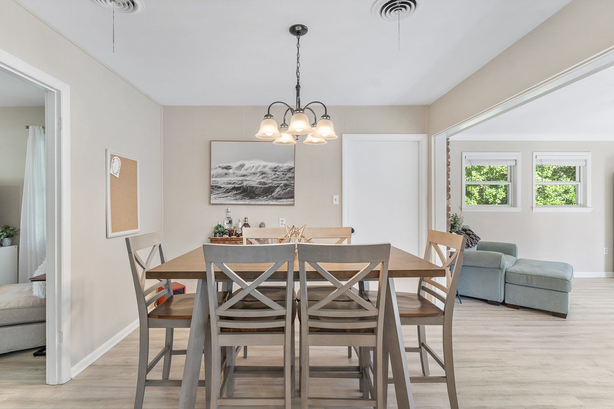 Professional real estate photography of a bright Seattle dining room with an open layout, neutral finishes, modern furnishings, and natural light.